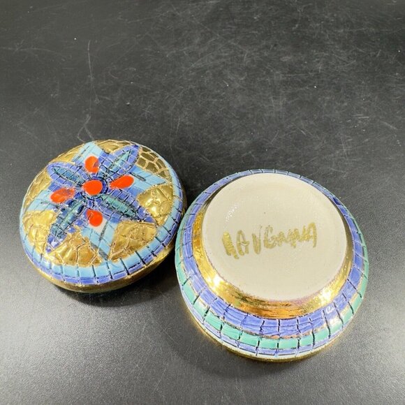 Signed Italian Round Hand Painted Trinket Dish W Lid Jewelry Holder Storage VTG - Picture 10 of 12